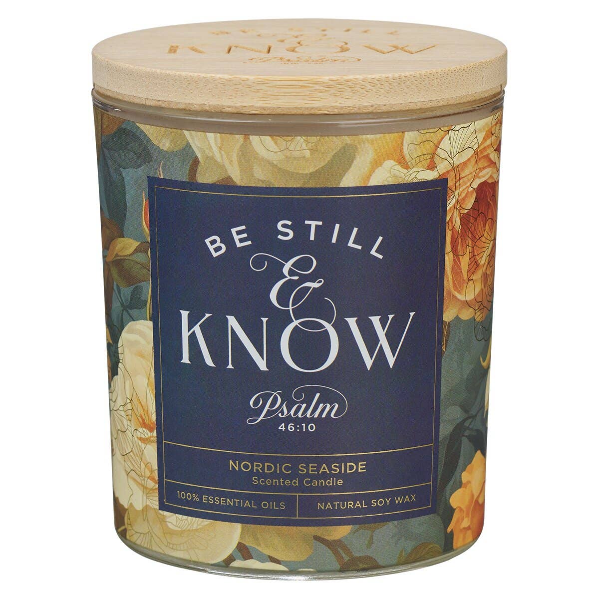 Glass Candle w/Bamboo Lid Floral Be Still Ps. 46:10
