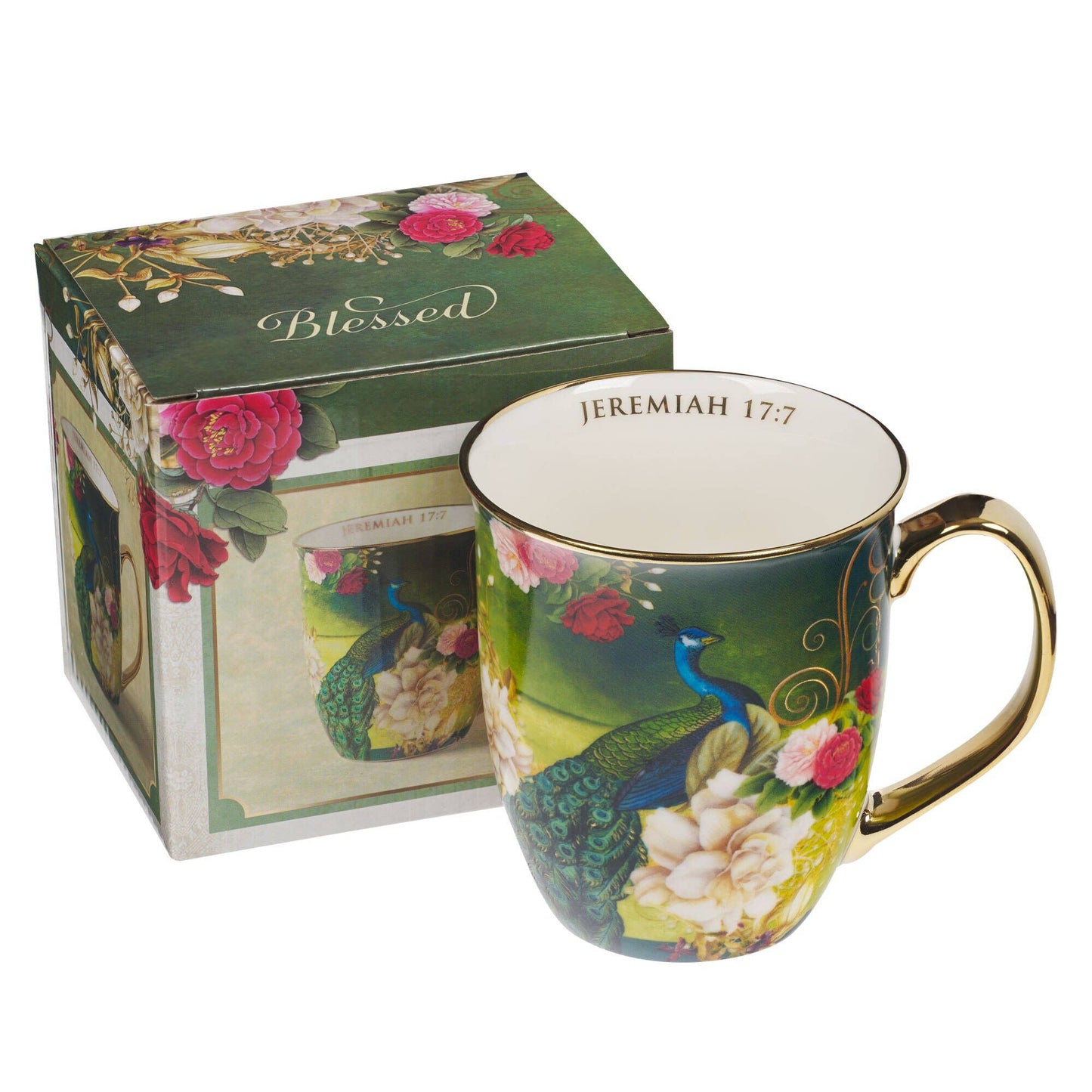 Mug Blue/White Peacock Blessed Jer. 17:7