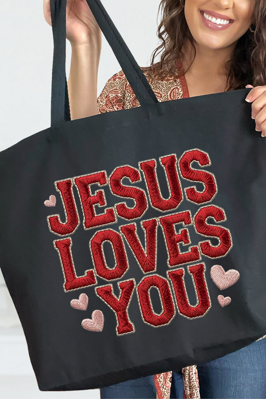 Faux Embroidery Jesus Loves You Canvas Jumbo Tote