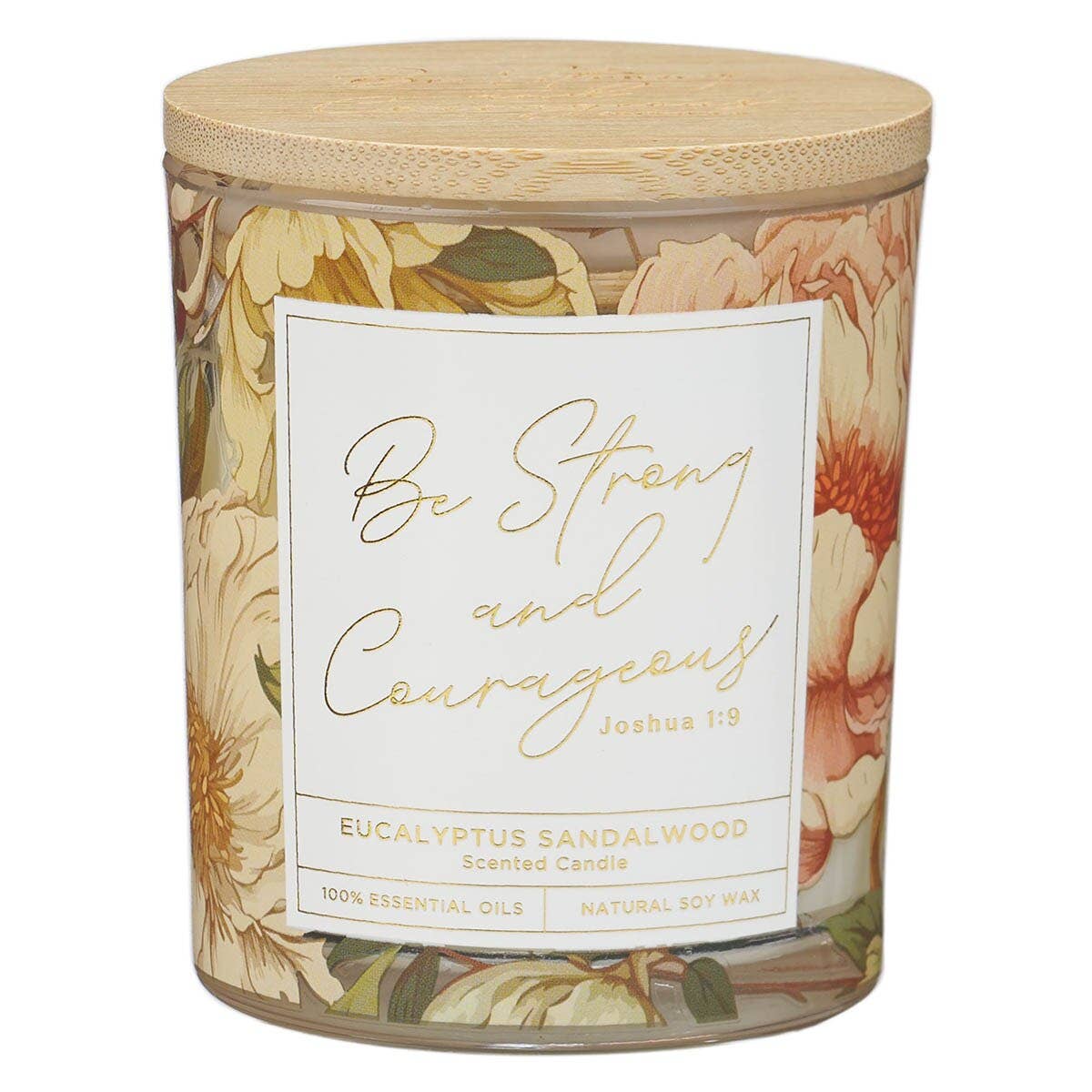 Glass Candle Bamboo Lid Floral Strong & Courageous Josh 1:9