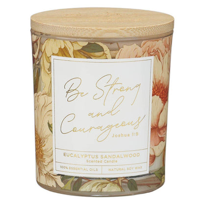 Glass Candle Bamboo Lid Floral Strong & Courageous Josh 1:9