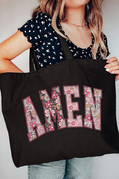 Floral Faux Embroidery Amen Canvas Jumbo Tote