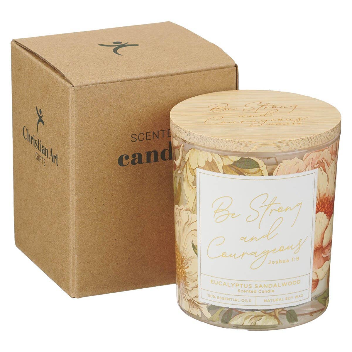 Glass Candle Bamboo Lid Floral Strong & Courageous Josh 1:9