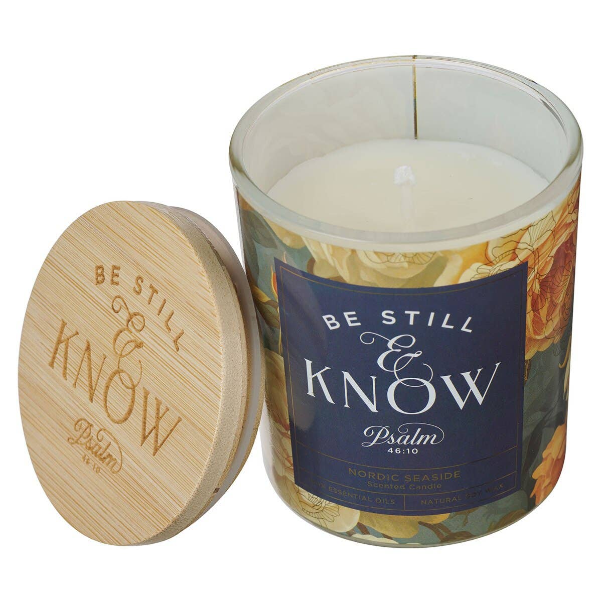 Glass Candle w/Bamboo Lid Floral Be Still Ps. 46:10